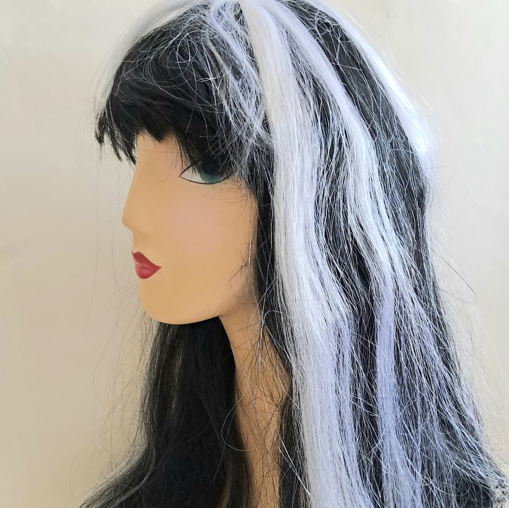 Wig Witch Vampire Halloween Cosplay Superlong Black Hair White Streaks NEW